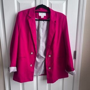 HALSTON Hot Pink Double Breasted Blazer Jacket Pinstripe Lining Women's Size L